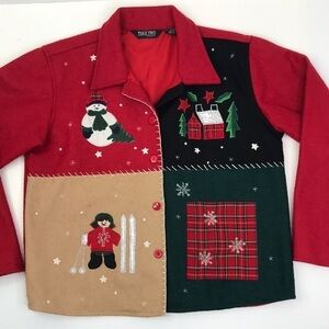 Vintage TAKE TWO Christmas Holiday Wool Patch Button Up Lined Jacket sz M